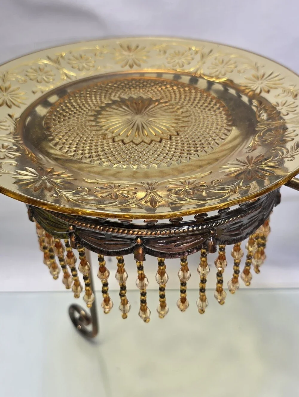 Vintage 3-Tier Metal Dessert Stand Amber Glass Plates Beaded Display Centerpiece